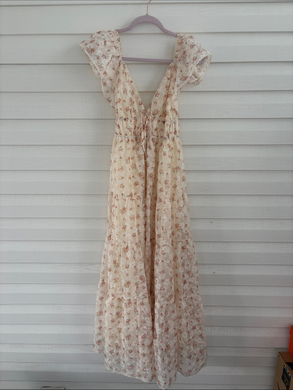 Cream Floral Maxi Dress M Ruffle Sleeve Tie Front Cottagecore Romantic Fairycore